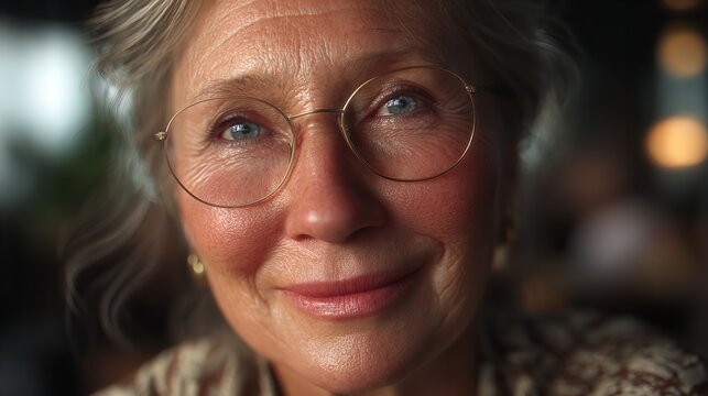 A smiling senior businesswoman with blonde hair wearing glasses looks professional and happy in this close-up portrait