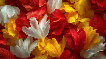 Fototapeta premium Full frame close-up of layered flower petals in vivid red yellow and white with soft side light revealing delicate texture for a colorful floral background