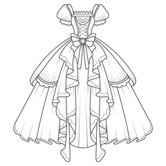 Fototapeta premium Collection of women's clothing technical sketches showing various styles black and white line art illustration for fashion design. Elegant woman, fashion illustration, line art, puffy sleeve dress, 