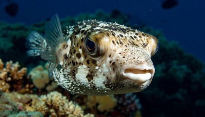 Fototapeta premium A close-up underwater photo of a puffed up pufferfish with distinctive spots