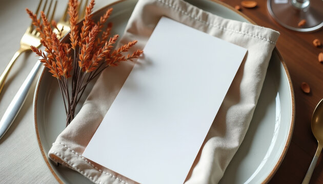 Elegant table setting with blank menu card and autumn flowers
