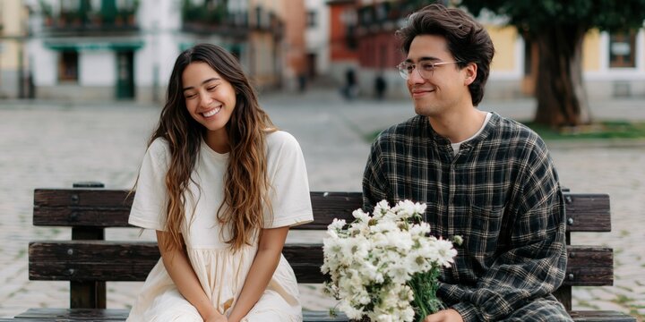 Young couple sharing shy smiles on public bench plaza