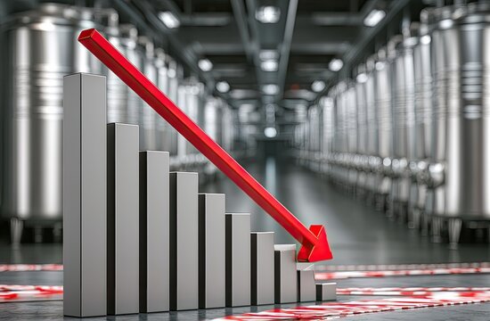 Industrial decline Bar chart shows downward trend with red arrow, factory tanks in background