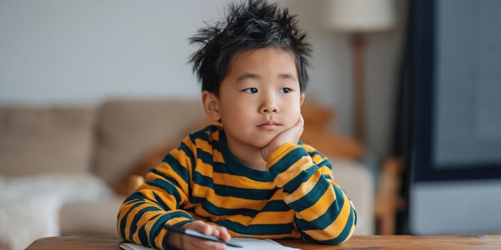 Young boy holding pen thoughtful at table in living room