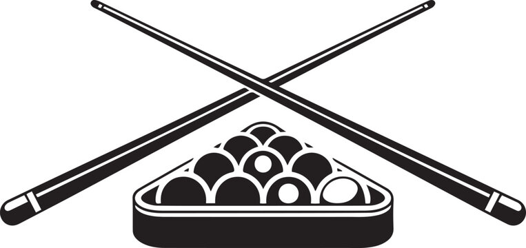 Crossed billiard cues and pool ball set. Symbol, emblem of billiard competition. Black icon silhouette vector