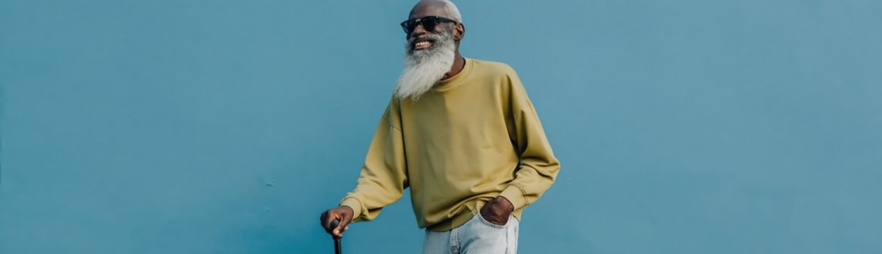 Elderly man standing with cane by blue wall in sunlight