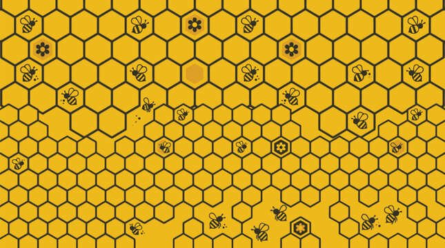 Seamless golden honeycomb pattern background with honey bee line art icons for nature and organic design concepts.