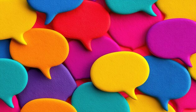 Vivid, colorful speech bubbles overlap in a vibrant, abstract composition