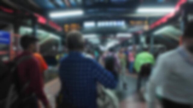 Bokeh view of crowded pedestrian flyover leading to New Delhi Railway Station at night, commuter walkway with heavy foot traffic in Delhi, India. Blurry motion lapse.