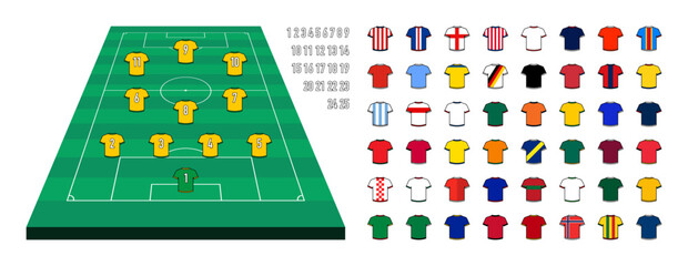 Obraz na płótnie Canvas Soccer Footballer Starting Team Infographic Template with Football Pitch Layout, Soccer Jerseys and Shirt Numbers. Vector Set of 2026 World Cup Participating Team Football Shirt Icons.