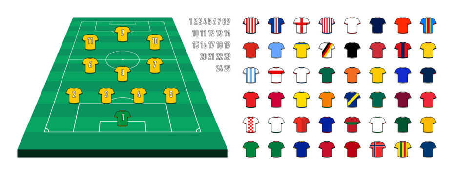 Soccer Footballer Starting Team Infographic Template with Football Pitch Layout, Soccer Jerseys and Shirt Numbers. Vector Set of 2026 World Cup Participating Team Football Shirt Icons.