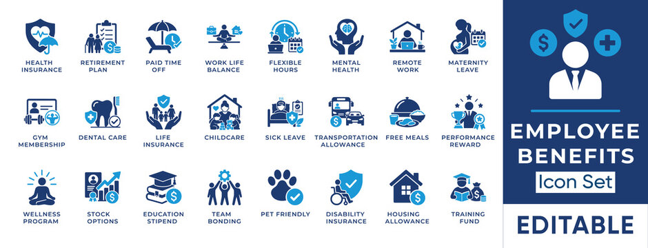Employee benefits and corporate perks solid icon set. Includes symbols for Health Insurance, Flexible Hours, and Stock Options. Vector icons for HR compensation packages and recruitment dashboards.