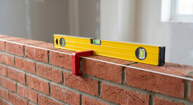 Spirit level and string line checking red brick wall alignment
