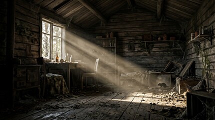 Obraz premium Abandoned rustic cabin interior with dusty furniture and sunbeam