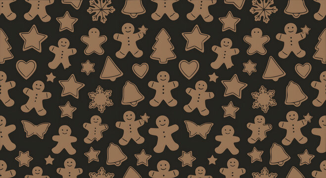 Festive winter seamless pattern featuring assorted gingerbread cookies including men, stars, hearts, and trees on a dark brown background