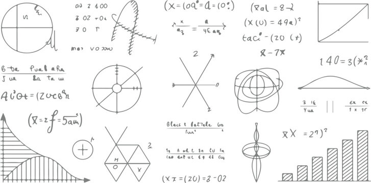 Hand Drawn Math Equations and Geometry Sketches on Blackboard Background