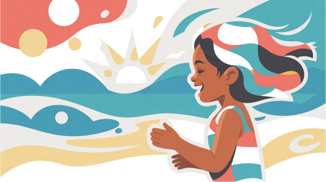 Cute cartoon dog playing with a frisbee on a beach with blue sky Vector