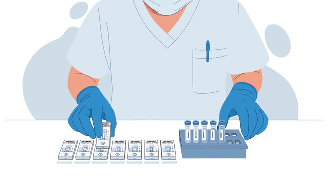 Medical worker in blue gloves and mask counts COVID-19 test kits and samples