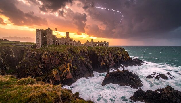 Golden hour coastal cliffs with crashing waves and lighthouse.