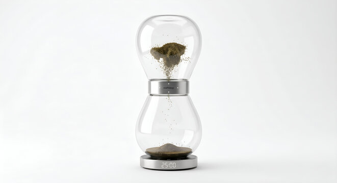 Futuristic smart digital hourglass with magnetic sand and pomodoro timer display on white
