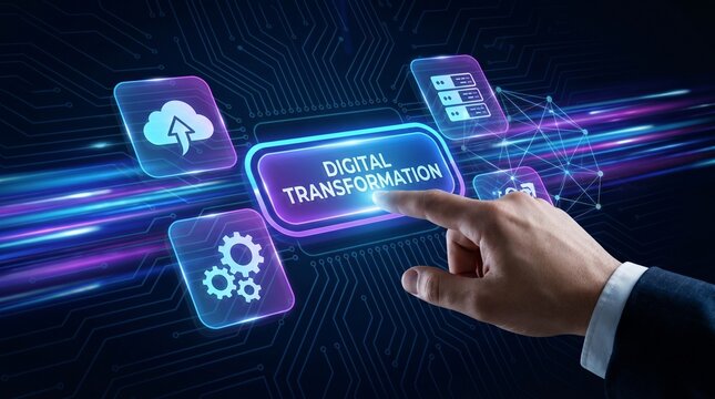 Business hand pressing a glowing digital transformation button with cloud upload, gear, and server icons on a vibrant purple and blue tech background.