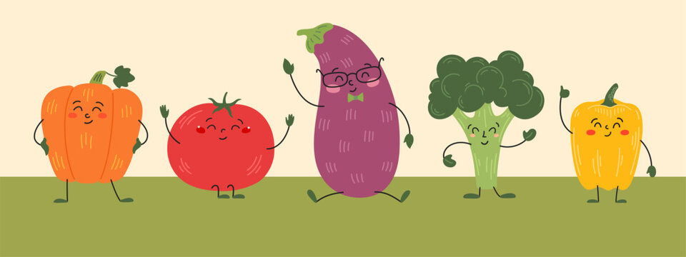 Vegetable character boder frame vector set of five cute farm food mascots in a row: pumpkin, tomato, eggplant, broccoli and bell pepper for vegetarian menu, cooking recipe and children design.