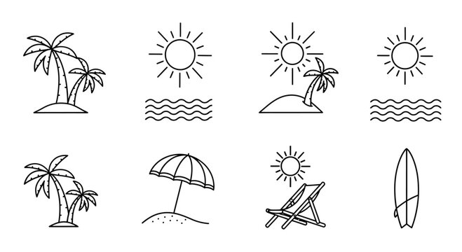 Set of hand drawn beach and summer vacation doodle icons.