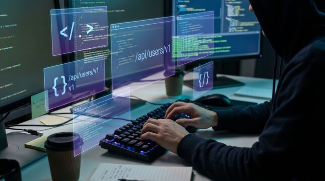 Hooded programmer typing on an illuminated keyboard at night surrounded by multiple monitors and floating holographic code windows with API endpoint labels.