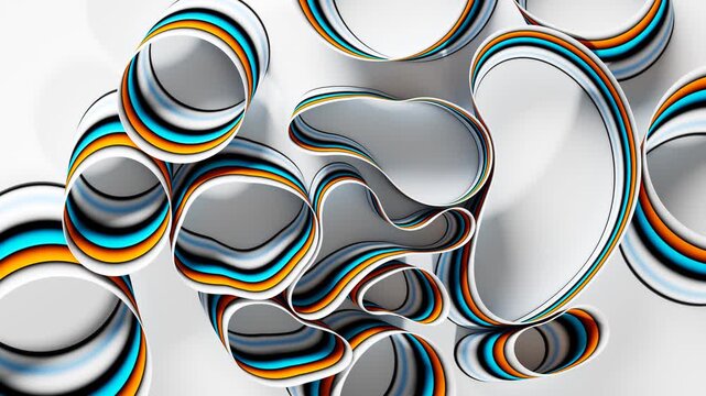 3d render of abstract art, video animation of surreal circles, ropes on a curve, wavy organic lines, forms in a deformation transformation process in purple and white, and blue gradient color