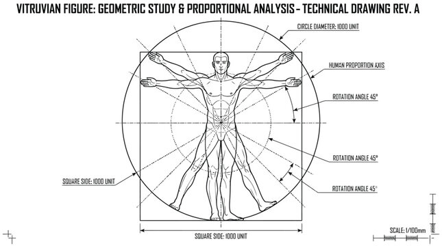 Vitruvian figure illustrates human proportions within geometric circles and squares for anatomical study.