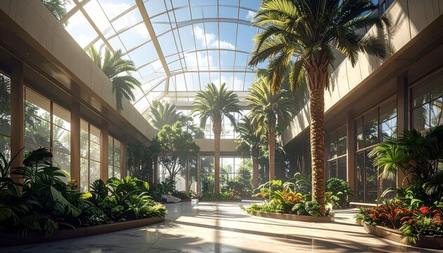 Modern indoor shopping mall with tropical palm trees and glass ceiling.