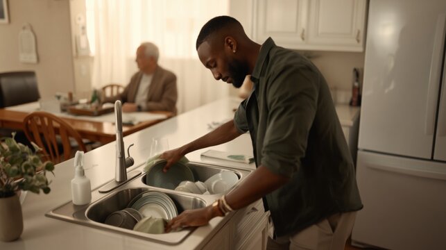 Young Black male caregiver helping an older man wash dishes together in a bright home kitchen