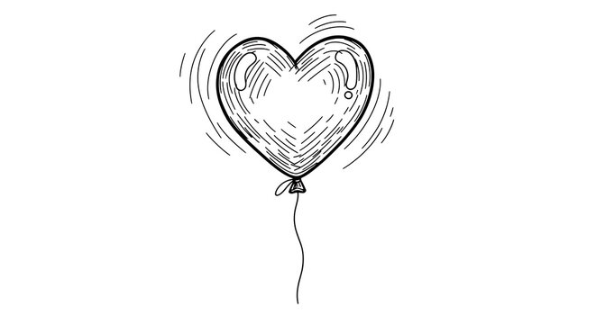 Minimalist balloon heart with soft outline isolated on a transparent background, heart shape outline, soft lines