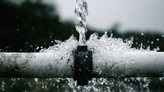 Water bursts violently from a cracked pipe, creating a powerful spray