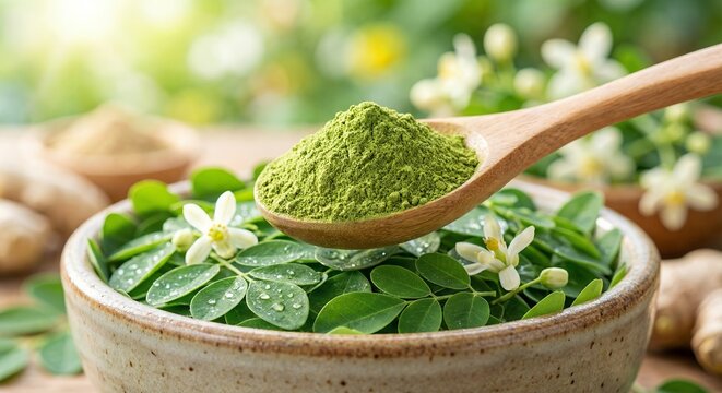 moringa oleifera powder on wooden spoon with fresh green leaves and flowers in ceramic bowl