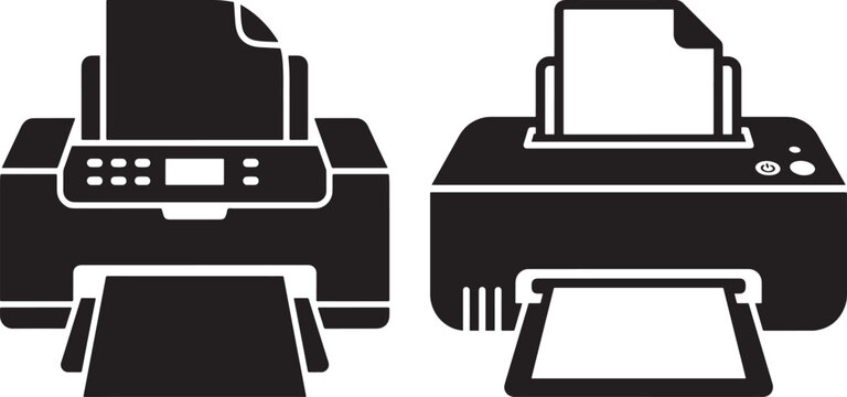 Office laser printer silhouette icon set with equipment technology printing document business silhouette background