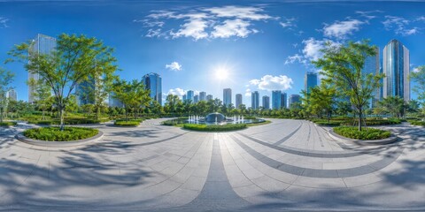 Fototapeta premium Ultra-wide panoramic 360-degree HDRI image of City Plaza With Bright Sun, Downtown Skyline And Open Park Environment Map