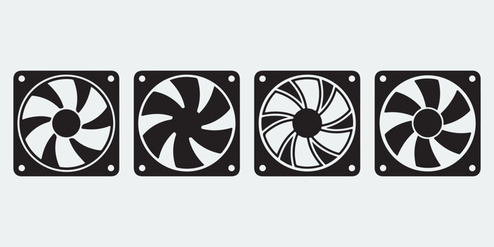 Four black and white computer fans on a gray background