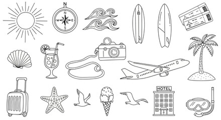 Set of hand drawn summer vacation and travel themed icons. © Safa_Sekar Madinah