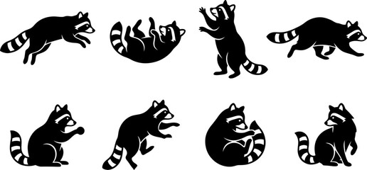 Collection of eight black silhouette raccoon icons showing diverse playful movements and resting postures © Vecto_Pixels
