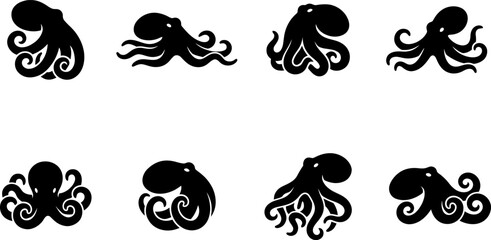 Set of eight black octopus silhouettes isolated on white background for marine life graphic design elements © Vecto_Pixels