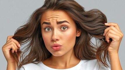 Fototapeta premium Worried Woman Pulling Frizzy Hair Hands