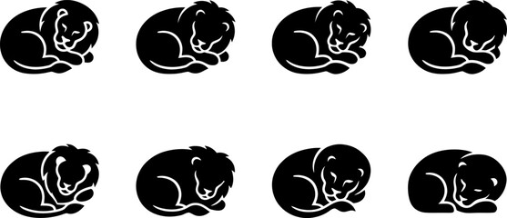 Collection of sleeping lion silhouettes depicting calm and resting wild cats in a minimalist black vector style set © Vecto_Pixels
