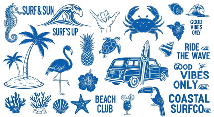 Set of Hand Drawn Summer Beach and Surfing Theme Elements. © Safa_Sekar Madinah