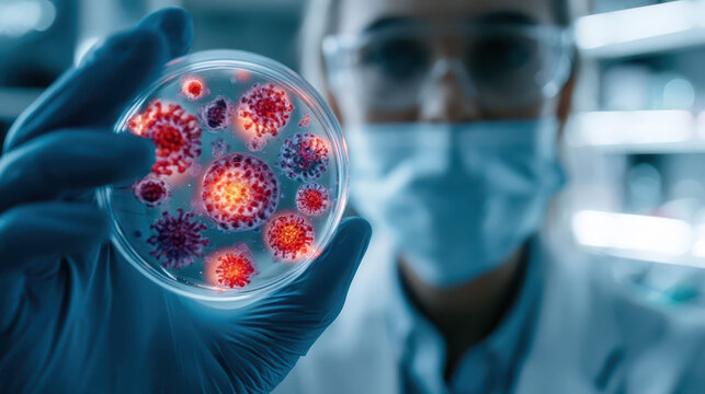 Microbiologist Studying Colorful Viruses in Petri Dish: Scientific Research in Action