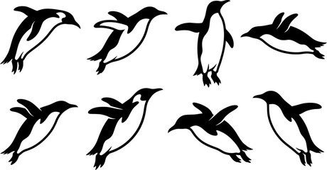 Collection of penguin silhouettes in swimming and standing poses for arctic wildlife graphic design elements © Vecto_Pixels