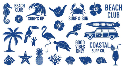 Obraz premium Set of coastal and tropical beach icons in blue.