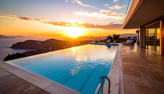 Sunset over infinity pool with palm trees and ocean view.