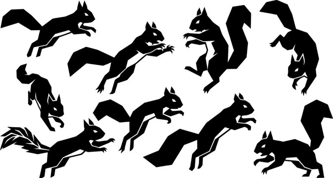 Dynamic squirrel silhouettes in various jumping and climbing poses for energetic wildlife design and branding