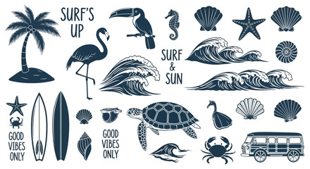 Set of hand drawn tropical beach and surfing themed design elements. © Safa_Sekar Madinah